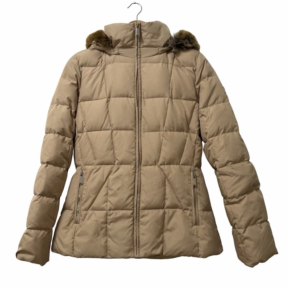 Calvin Klein Womens Fitted Down Puffer Jacket Size M Tan Faux Fur Hood Outdoor